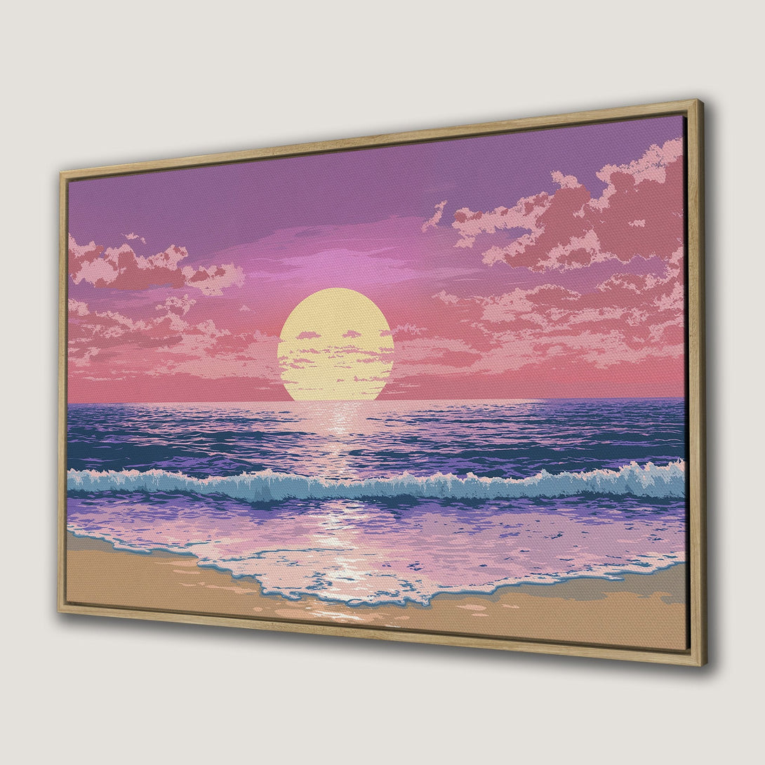 Canvas Print of a dreamy sunset over the ocean, in a retro pixel art style. Features a pink and purple color palette.