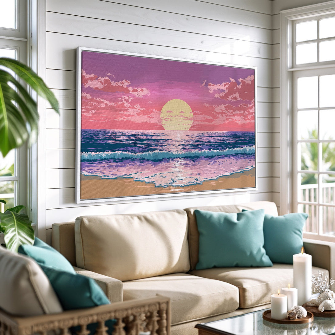 Framed Wall Art: Coastal sunset canvas print in pink, purple, and blue tones. Modern, pixelated art style. Perfect for beach house decor.