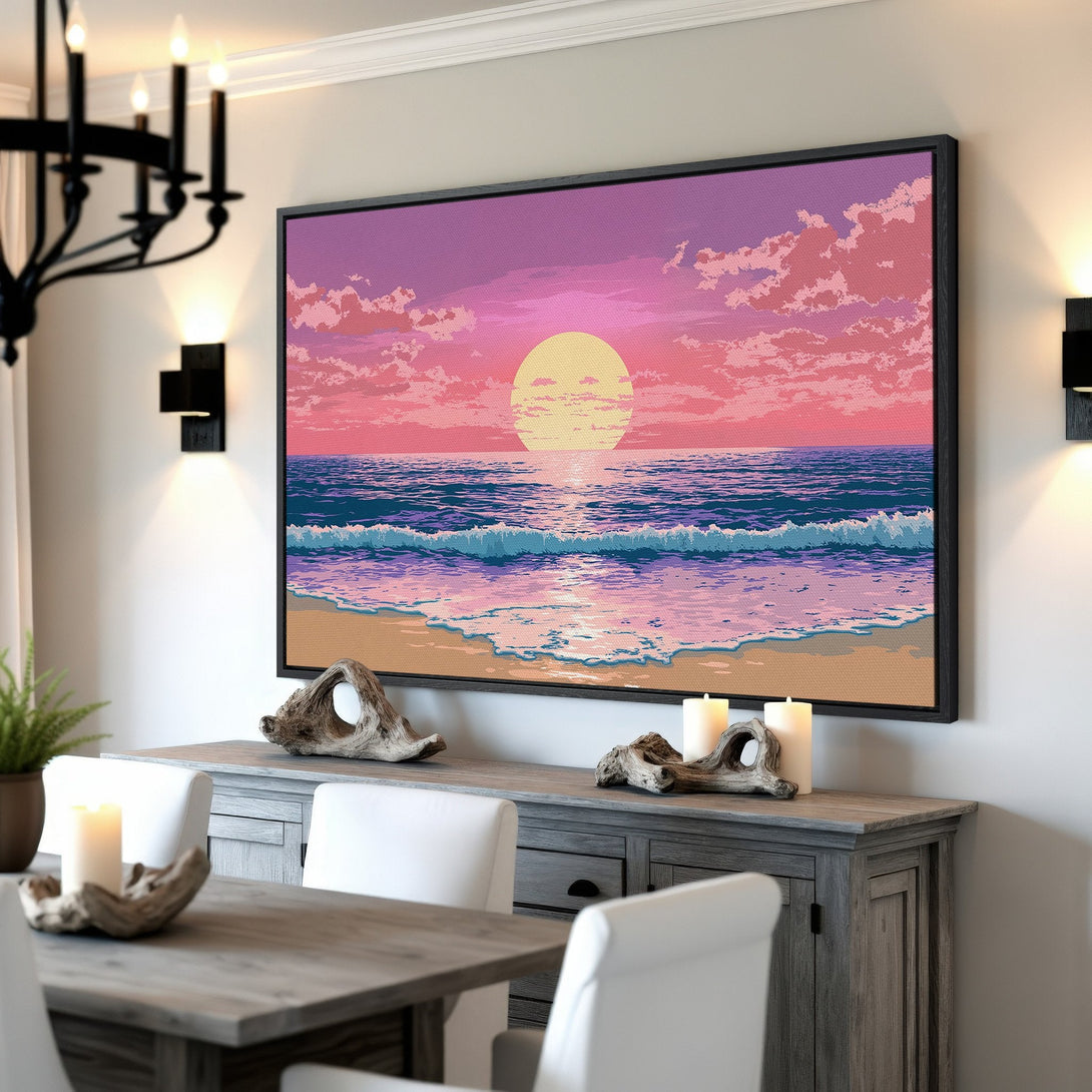 Framed Wall Art: Pixelated sunset beach scene in pink, purple, and blue hues. Coastal decor for a calming interior.
