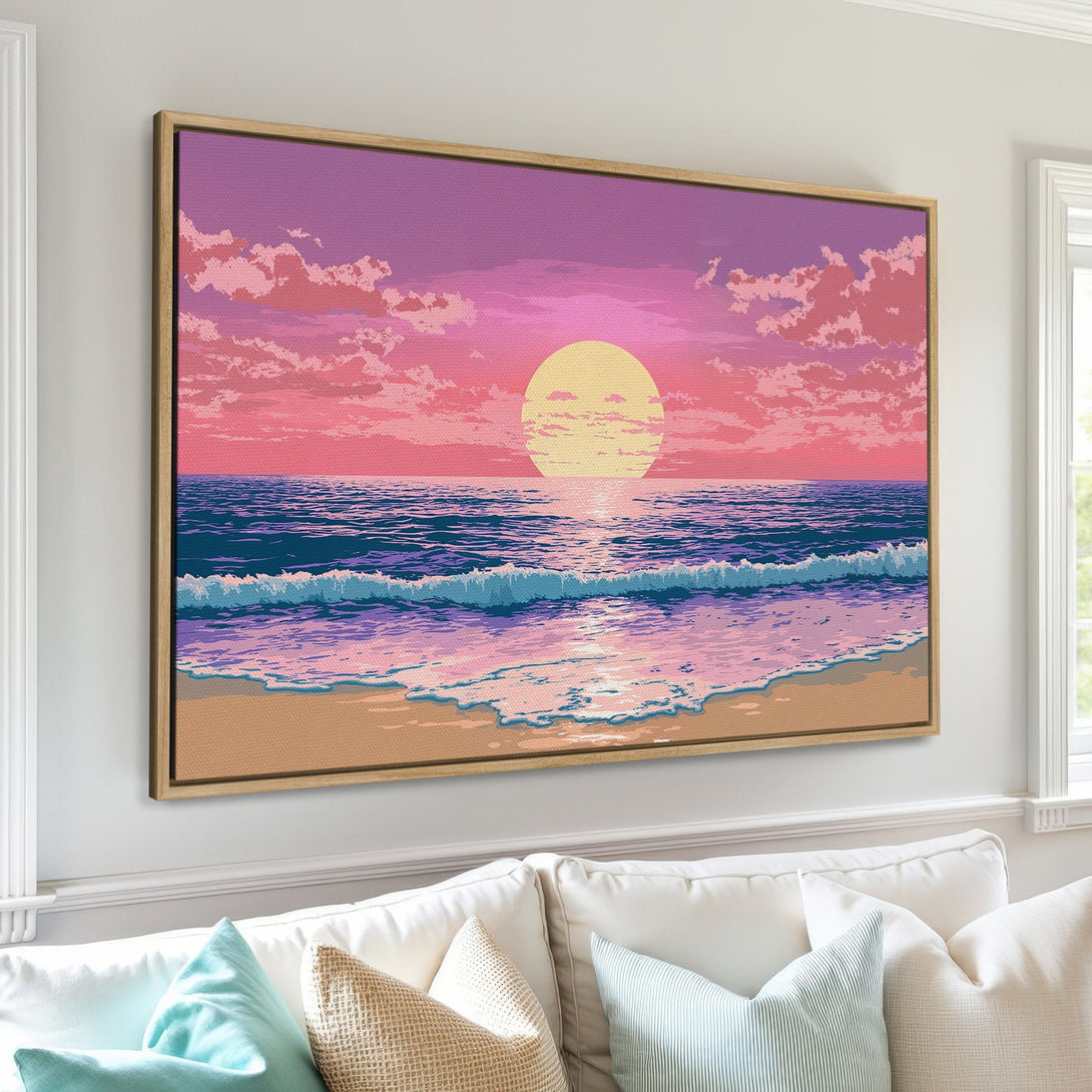 Canvas Print of a pixelated sunset over the ocean, featuring a vibrant pink, purple, and blue color palette. Perfect wall art for a relaxing vibe.