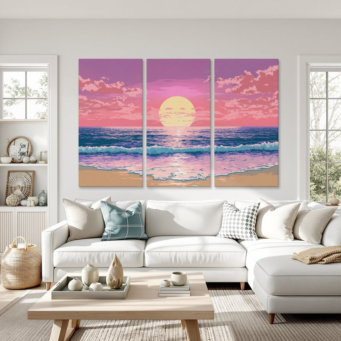 Canvas Print of a pixelated sunset over the ocean, featuring pink, purple, and blue hues. Perfect for adding a serene touch to any space.