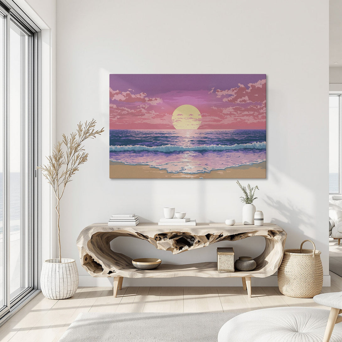 Framed Wall Art: Coastal sunset canvas print in pink and purple hues. Retro style artwork adds a pop of color to any interior.