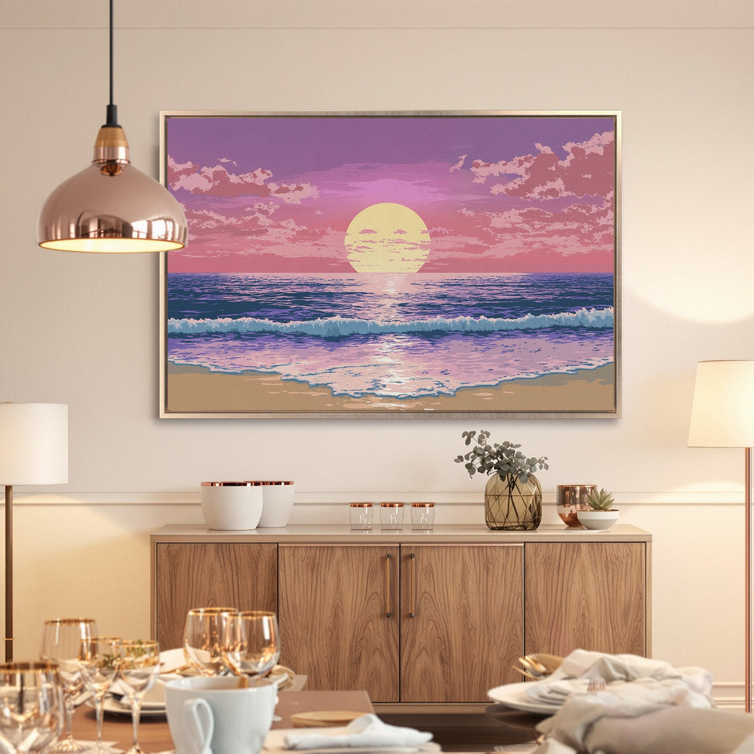 Framed Wall Art: Pixelated sunset over the ocean in a dreamy, pastel color palette. Perfect for coastal decor!