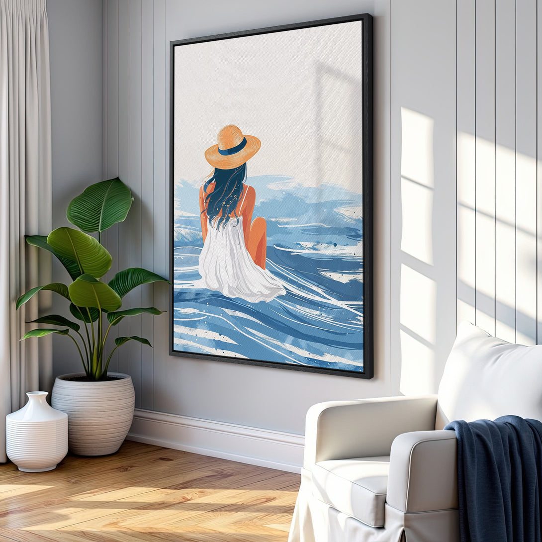 Framed Wall Art: Coastal woman in blue & white watercolor style. Serene beach scene Canvas Print with a calming, minimalist aesthetic. Perfect for any space!