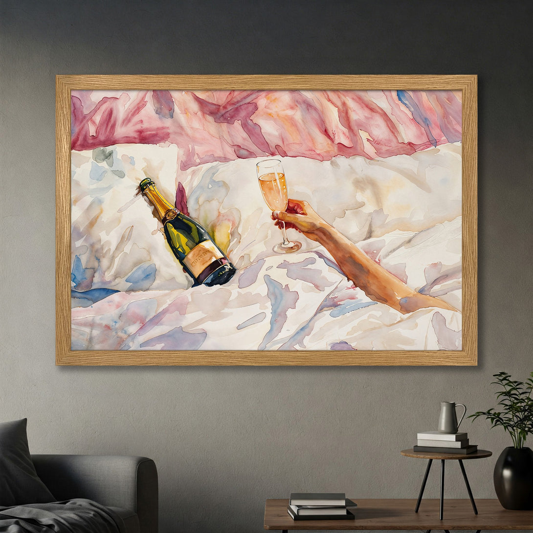 Framed Poster of champagne bottle & glass in watercolor style, soft pink & blue palette. Perfect wall art for a touch of luxury.