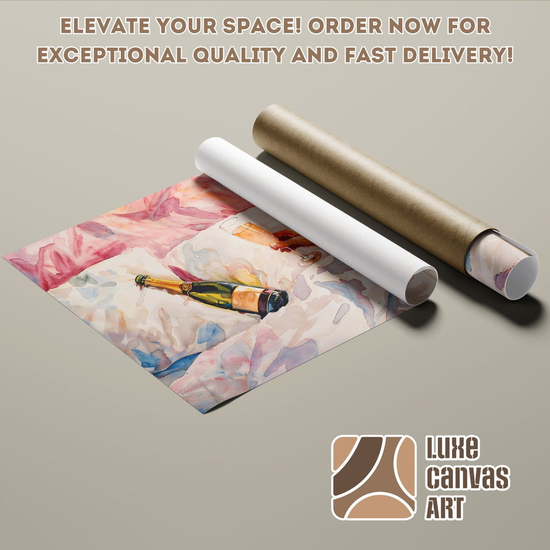 Watercolor Poster Roll with champagne bottle, soft pink & blue color palette. Elevate your space!