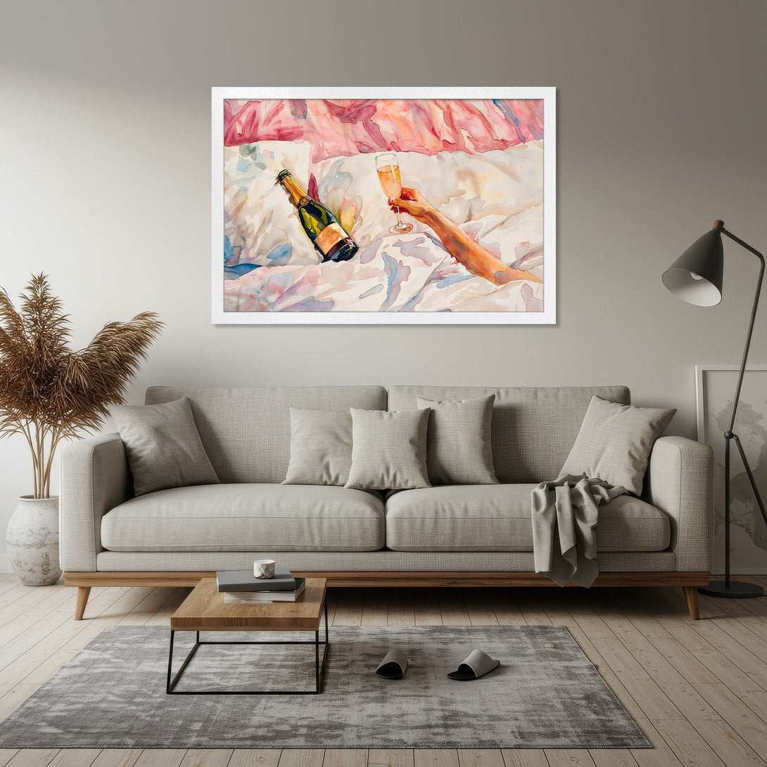 Framed Poster: Watercolor art of champagne & hand in bed, soft pink & blue palette, perfect for home decor.
