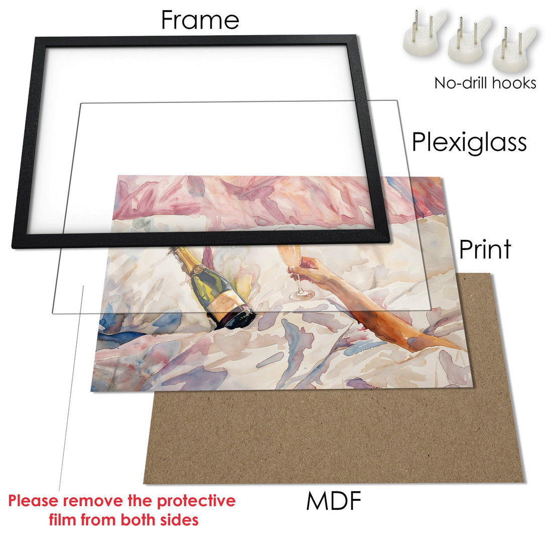Framed Poster: Watercolor art print in a black frame. Features a champagne bottle and glass in a soft pink and beige palette.