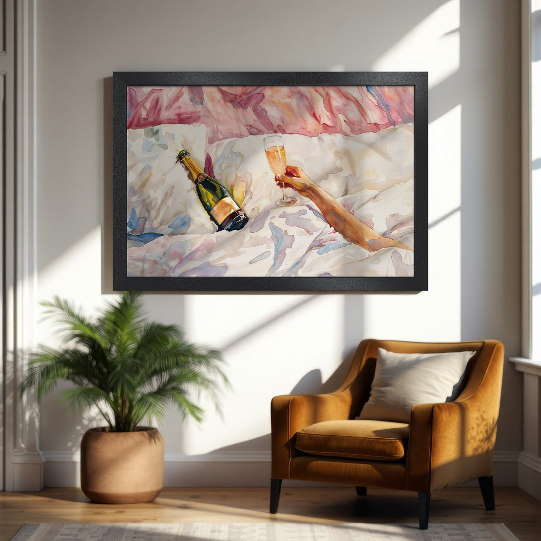 Framed Poster of champagne & hand in watercolor style, soft pink & gold tones, perfect for home decor.