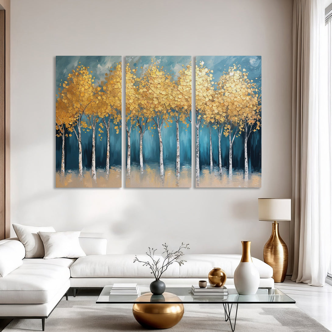 Canvas Print of golden trees against a teal backdrop. Modern abstract art with a warm, inviting color palette. Perfect for living room decor.