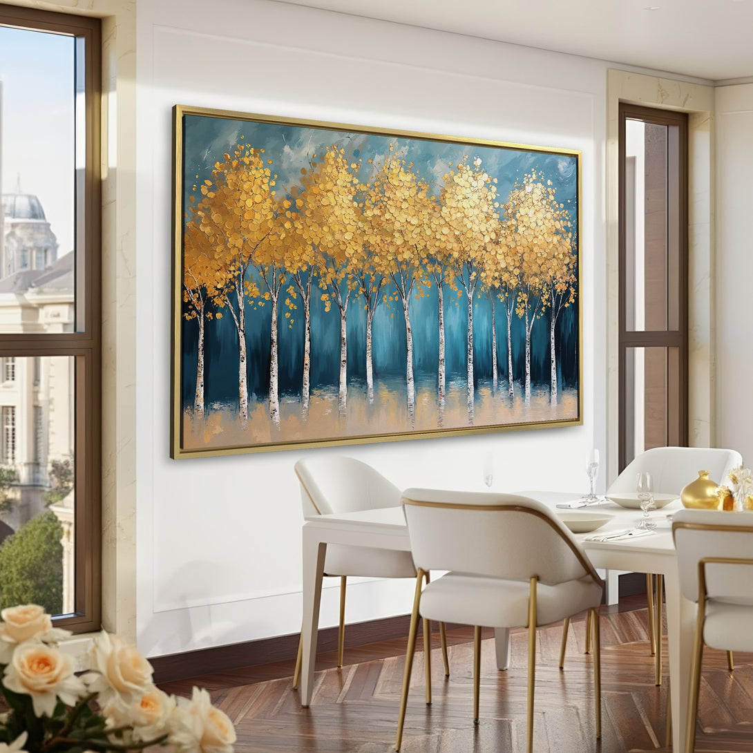 Canvas Print of golden trees on a teal background, adding a touch of nature to a sophisticated green interior. Perfect wall art for any room!