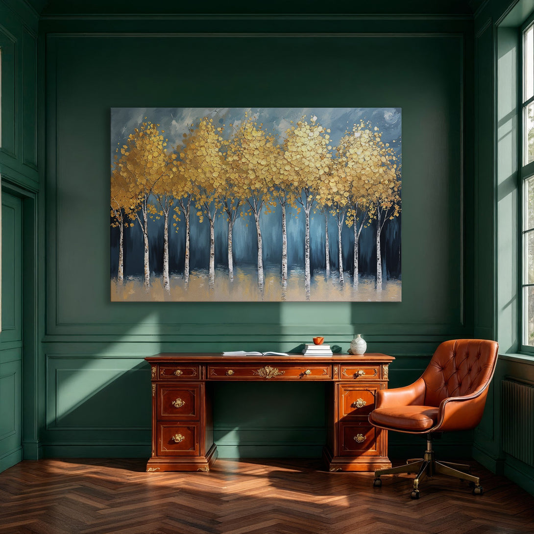 Framed Wall Art: Abstract gold tree painting in a modern dining room. Teal and gold color palette. Enhance your space with this stunning canvas print.