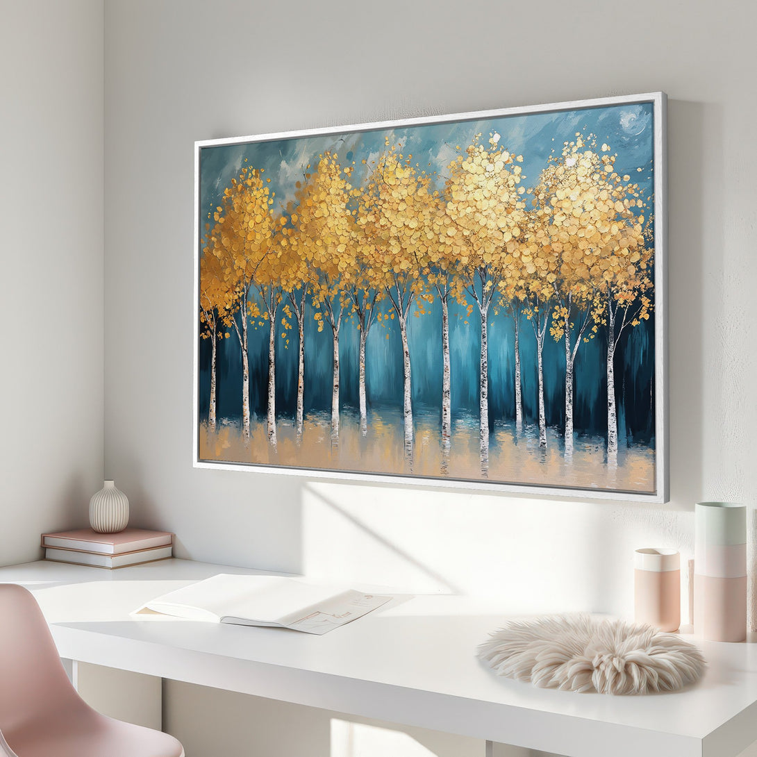 Framed Wall Art: Abstract forest scene in gold and teal. Modern canvas print adds a touch of nature and color to any space.