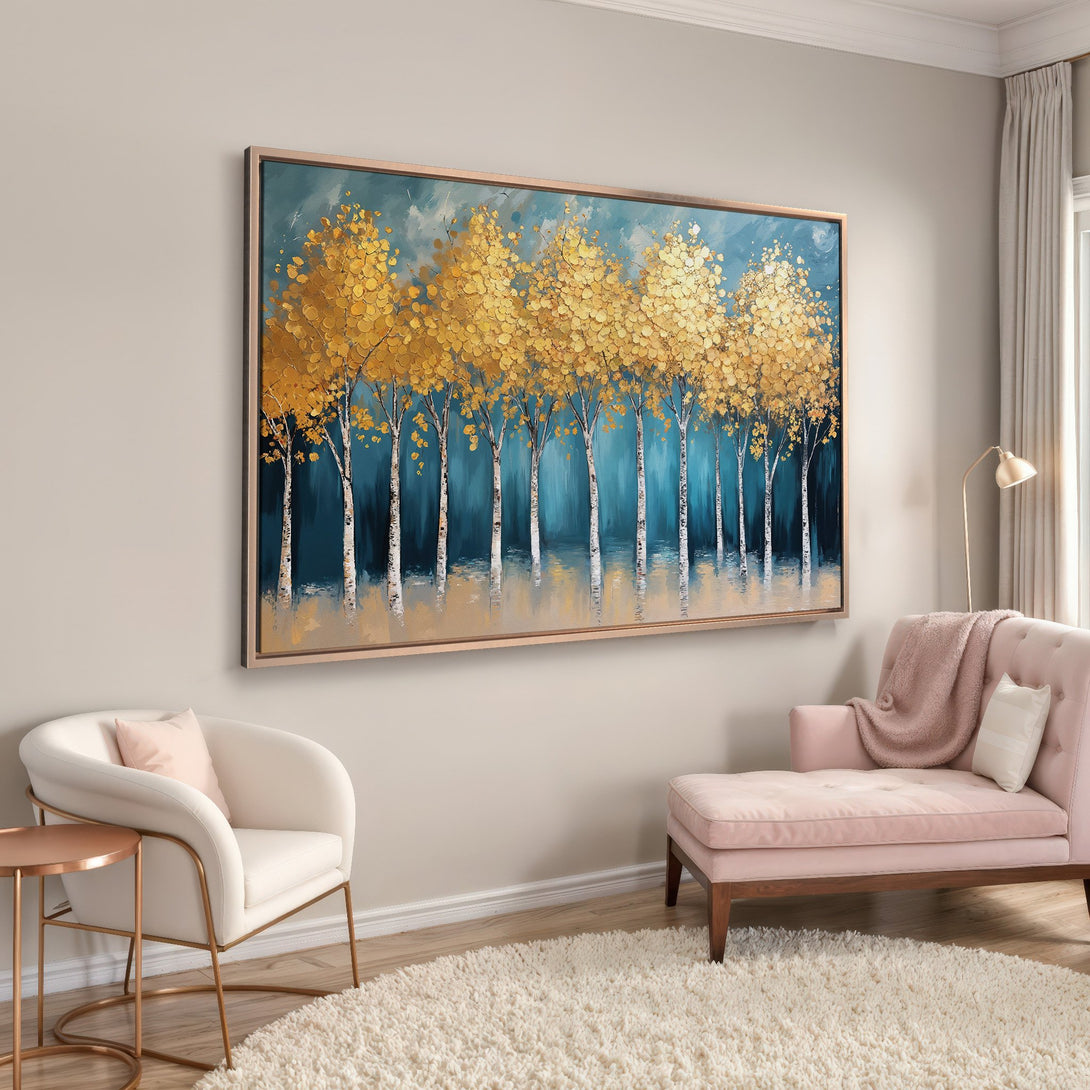 Framed Wall Art: Modern abstract painting of golden trees against a teal background. Adds a touch of elegance with its warm, inviting color palette.