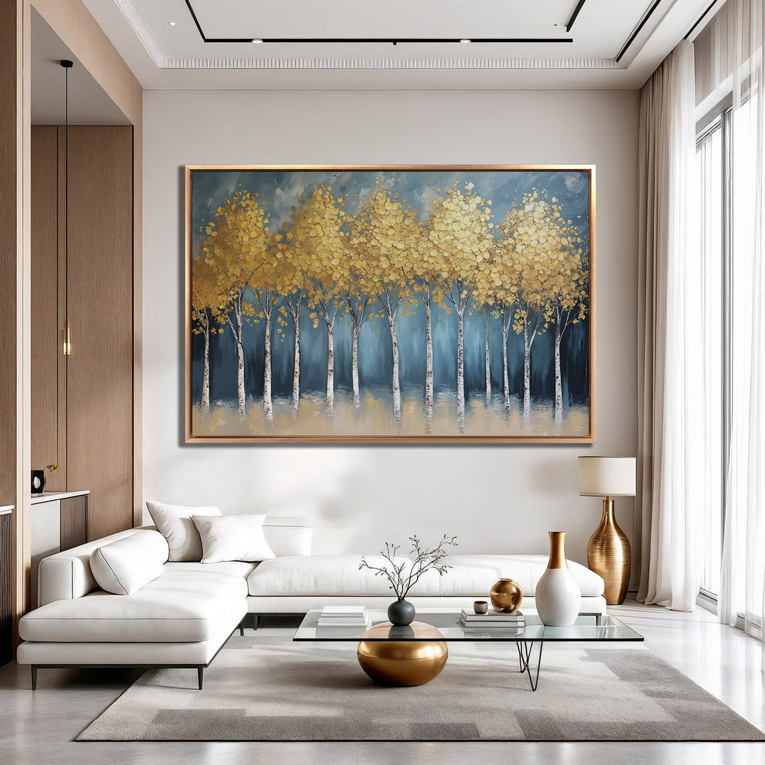 Framed Wall Art featuring golden trees on a teal background. Modern abstract style, warm gold and teal color palette for a stylish interior.