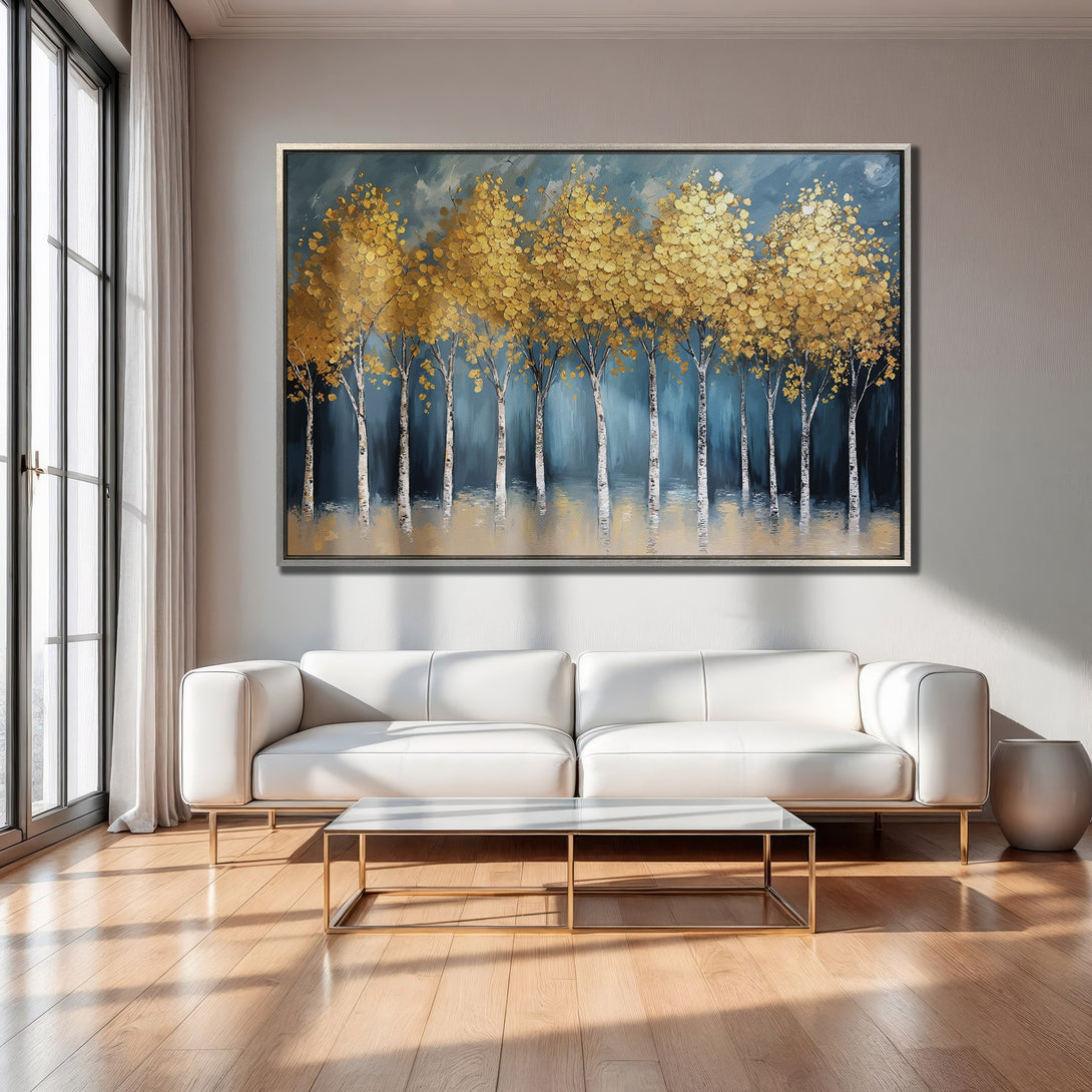 Framed Wall Art: Golden trees in a modern living room. Abstract art with teal, gold, and white color palette. Enhance your home decor!