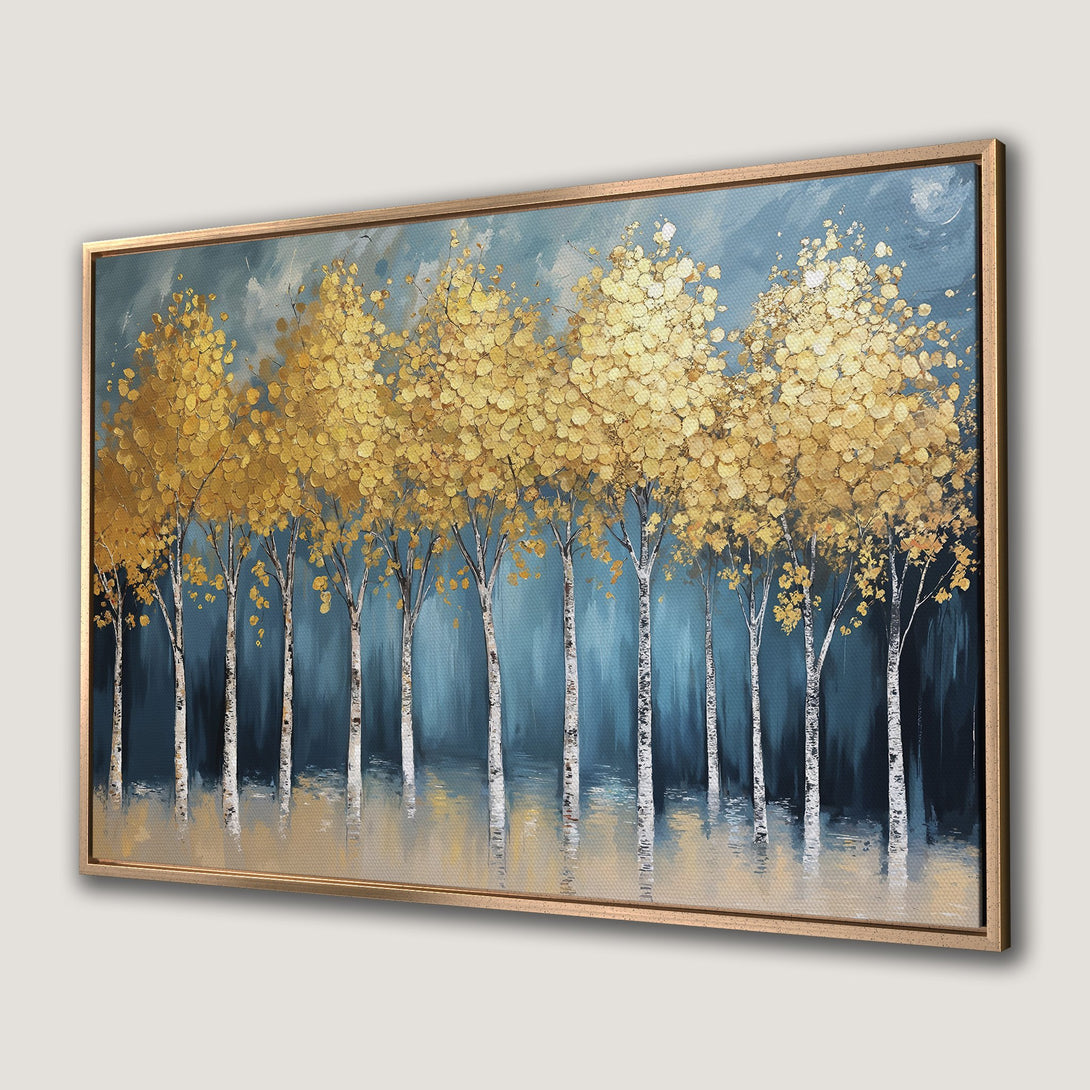 Framed Wall Art: Abstract painting of golden trees against a teal backdrop. Modern art canvas print with a calming color palette.