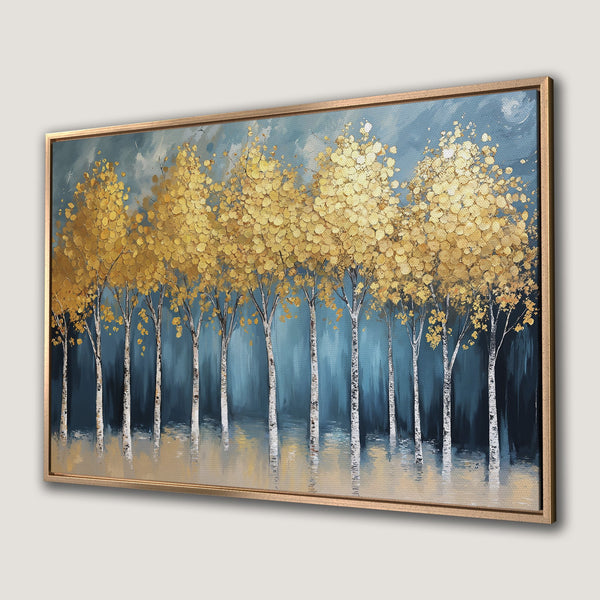 Framed Wall Art: Abstract painting of golden trees against a teal backdrop. Modern art canvas print with a calming color palette.