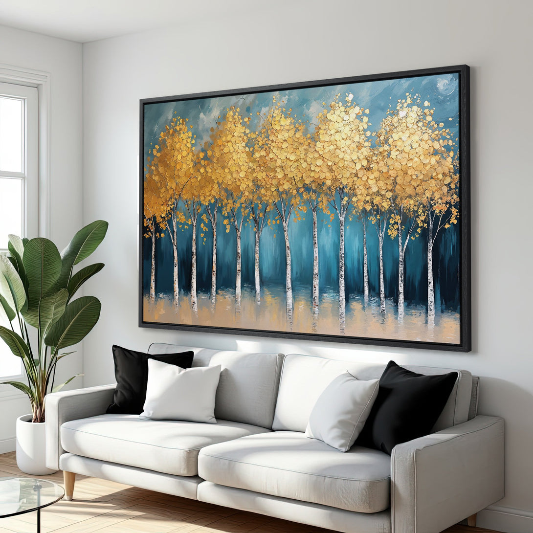 Framed Wall Art: Abstract golden trees against teal background. Modern canvas print adds a touch of nature to any room. Perfect home decor!