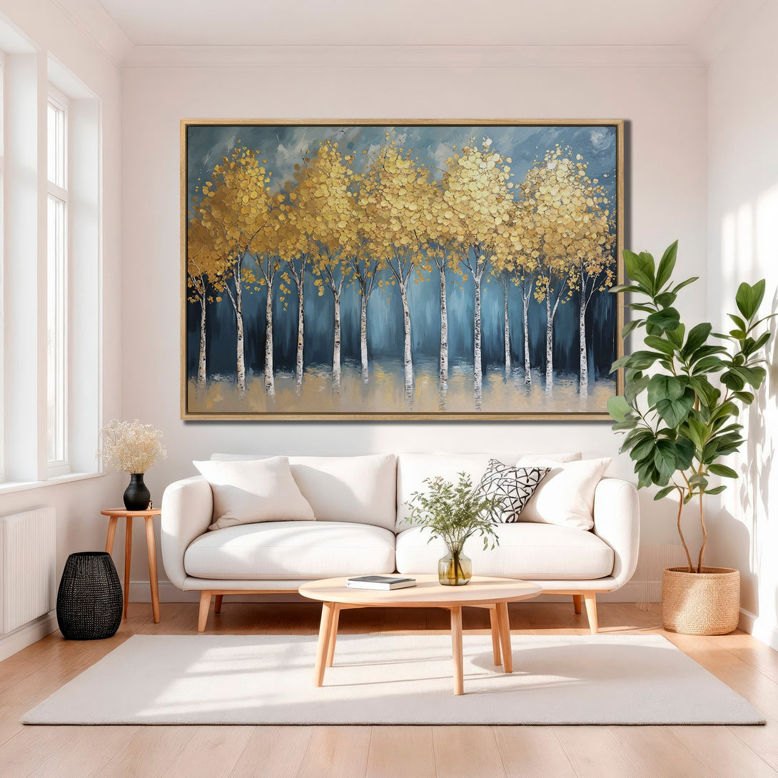 Framed Wall Art: Golden trees painting with teal and gold color palette. Modern art canvas print for living room decor.