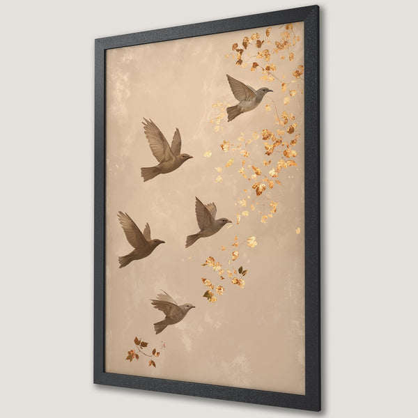 Framed Poster featuring white floral art with gold accents on a textured background. Elegant style, warm color palette.