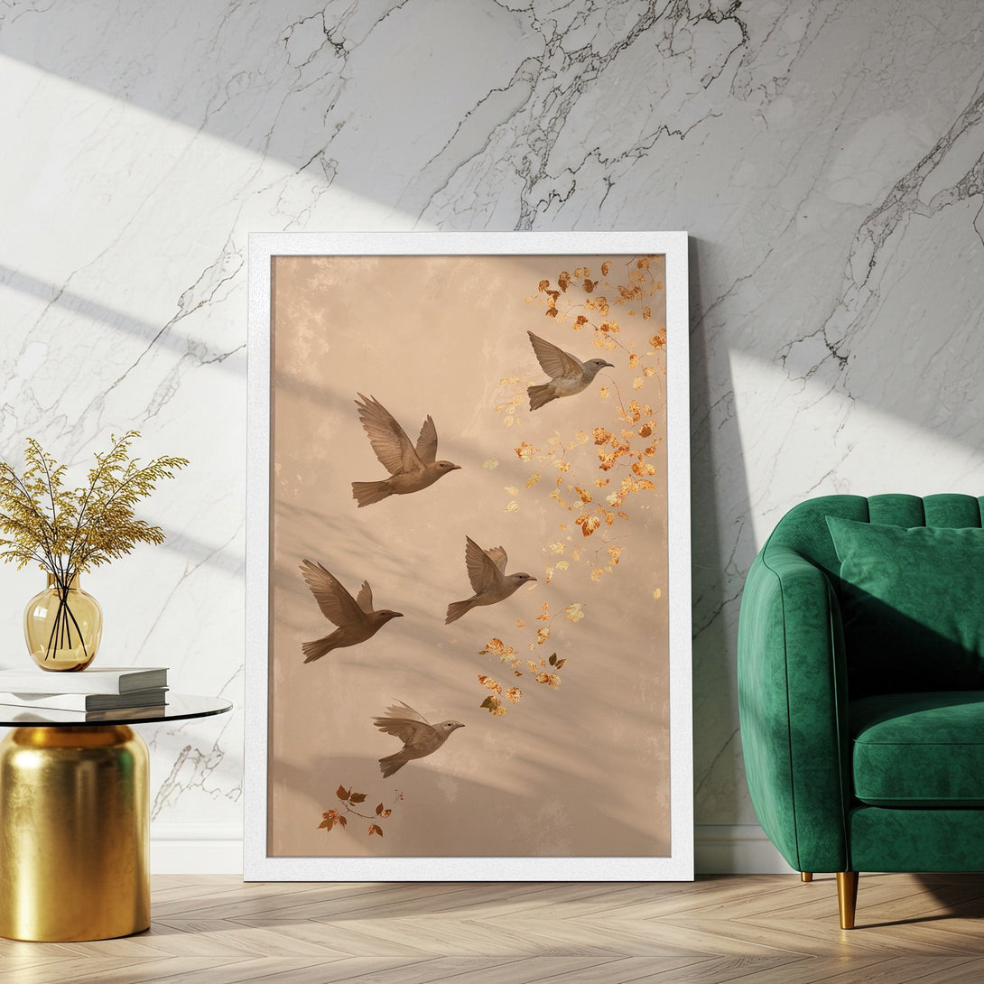Framed Poster of white floral art with gold and blue tones. Perfect for home decor.