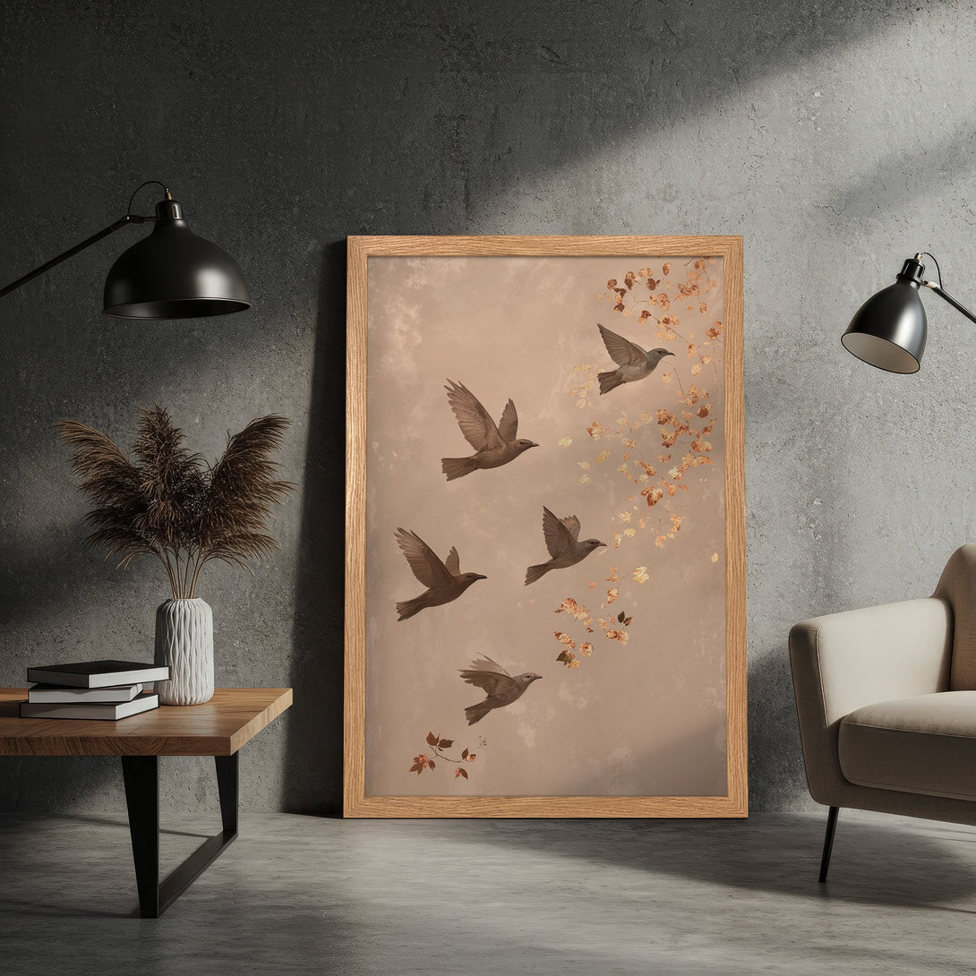 Framed Poster featuring abstract floral art in a modern style. Earthy tones of orange, brown, and blue create a calming aesthetic.