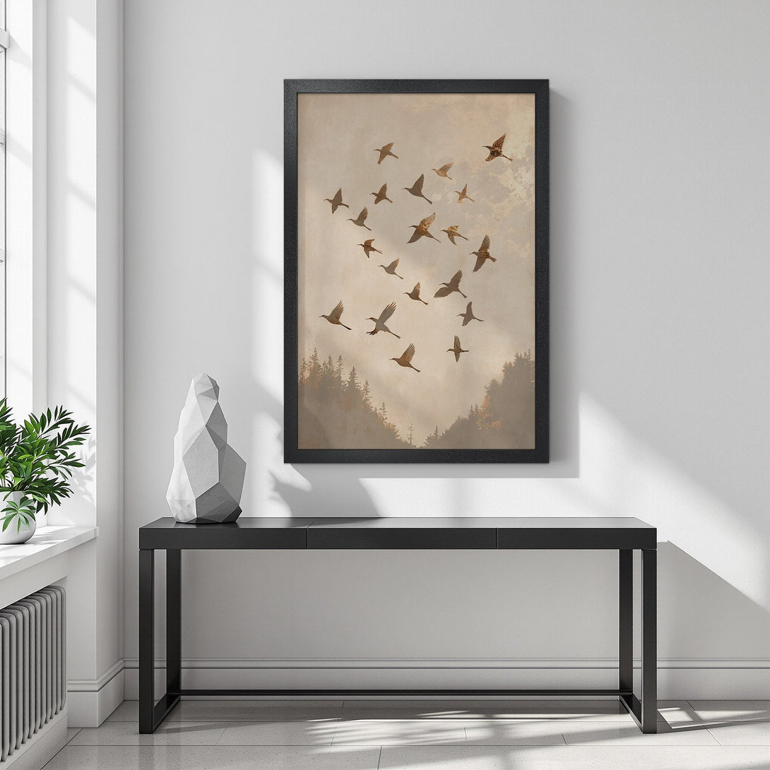 Framed Poster featuring birds in flight, vintage style, warm neutral color palette. Perfect wall art for any space!