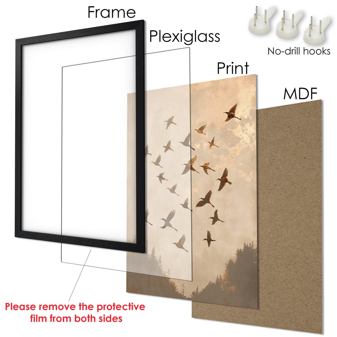 Framed Poster featuring birds in flight, a warm, neutral color palette. Perfect wall art for any room!