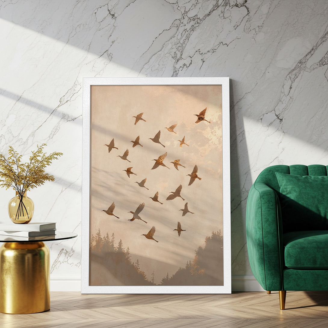 Framed Poster featuring birds in flight, a serene nature scene in warm, earthy tones. Perfect wall art for a calming living space.