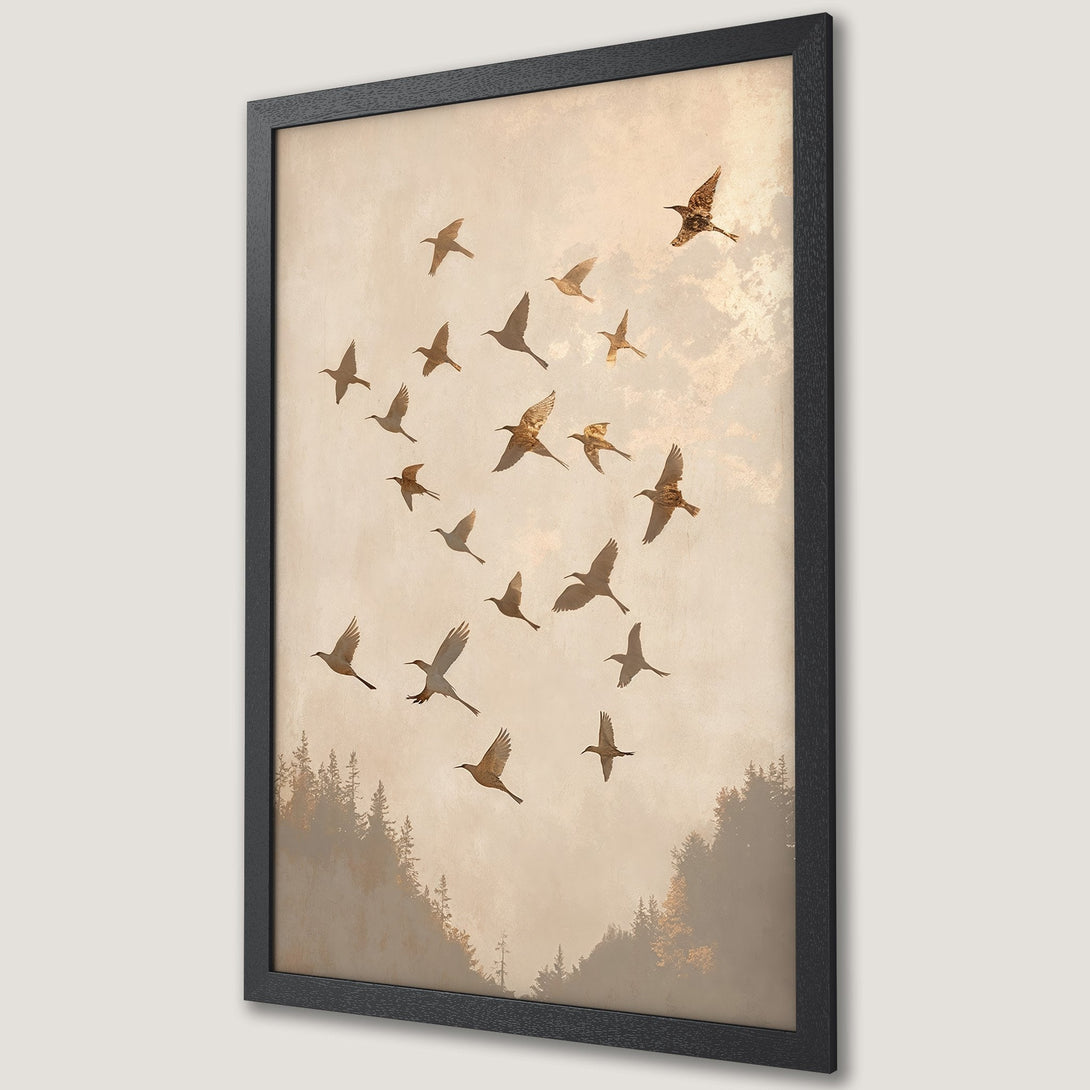 Framed Poster featuring birds in flight, a serene nature scene with a warm, neutral color palette. Perfect wall art for any room!