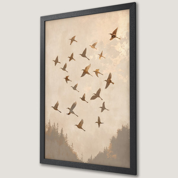 Framed Poster featuring birds in flight, a serene nature scene with a warm, neutral color palette. Perfect wall art for any room!