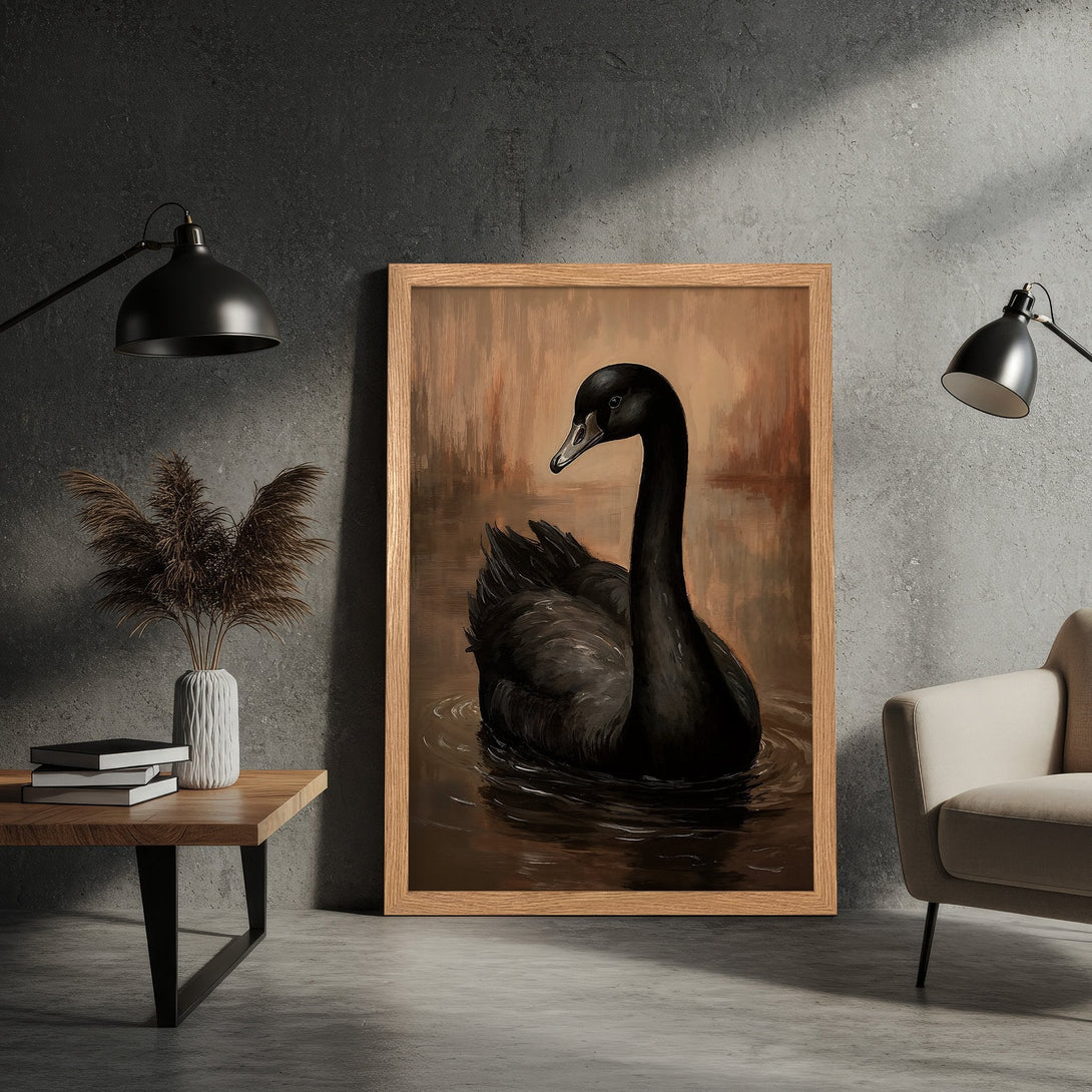 Framed Poster featuring a black swan painting in a warm, earthy color palette. Perfect wall art for modern home decor.