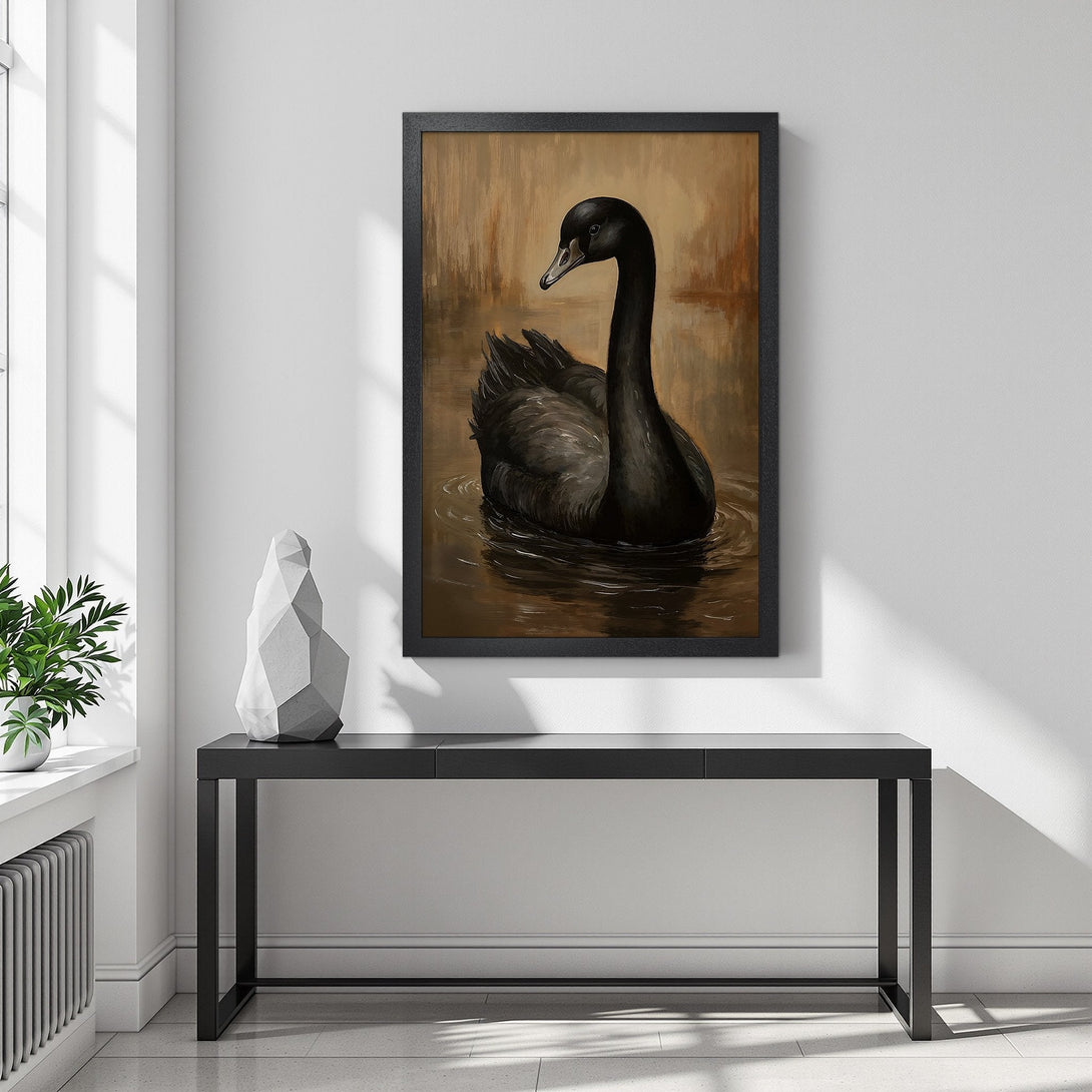 Framed Poster featuring a black swan in a serene setting. Earthy tones and elegant style. Perfect wall art for any space.