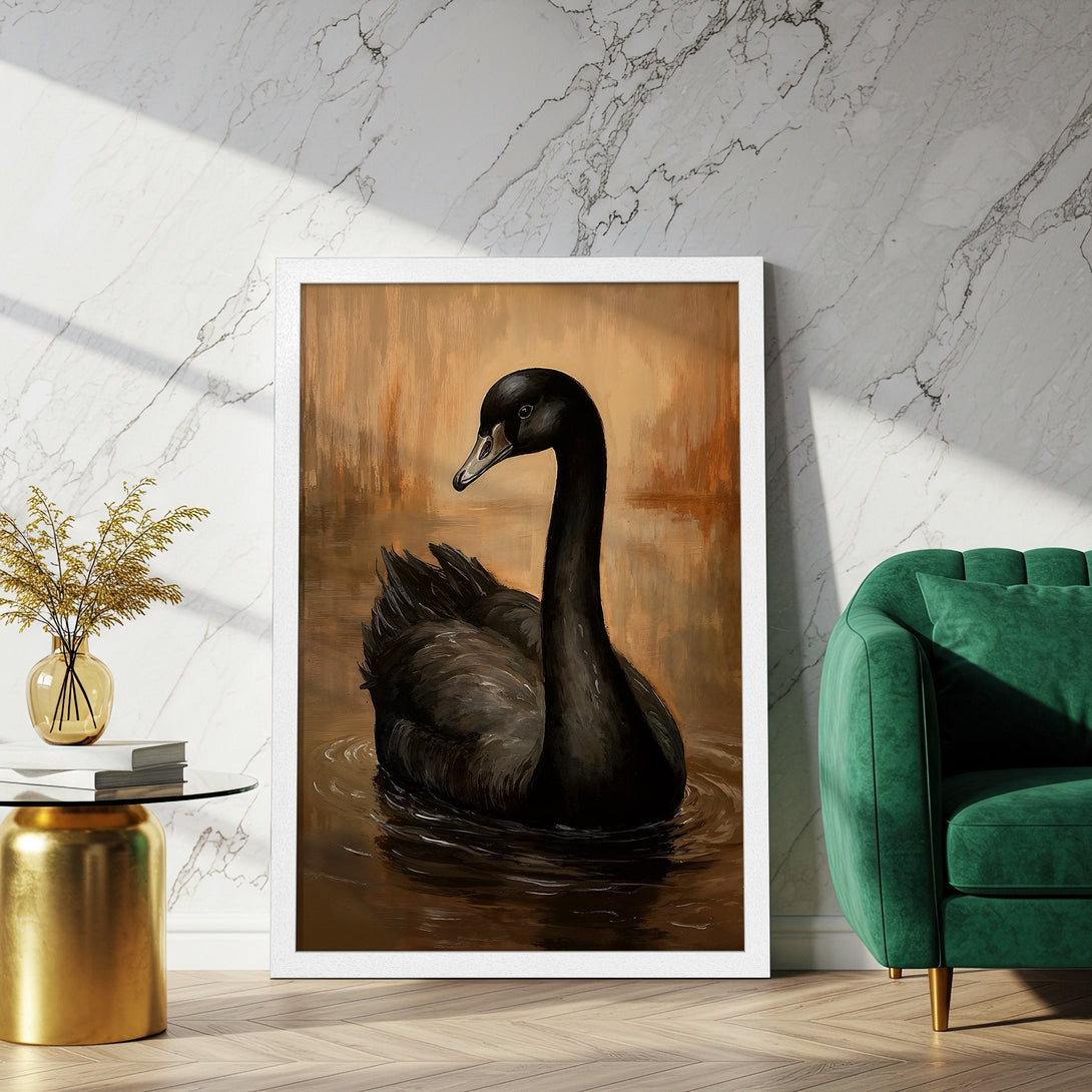 Framed Poster featuring a black swan painting in a warm color palette. Elegant art for home decor.