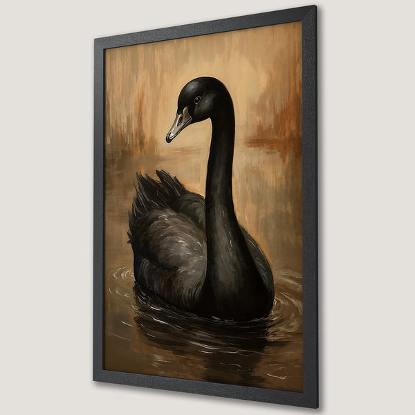 Framed Poster of a black swan in a serene, painterly style with a warm, earthy color palette. Perfect wall art!
