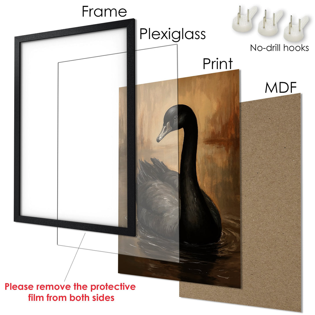 Framed Poster featuring a black swan painting, with a warm brown color palette. Perfect art for your home!