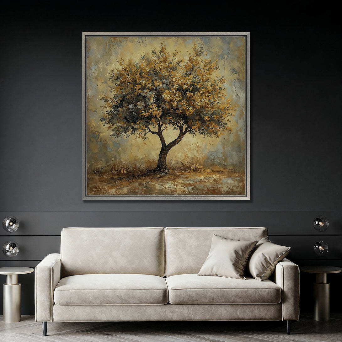 Framed Wall Art: Abstract tree painting in warm gold and brown tones. Modern art print adds elegance to any interior. Perfect for living room decor.
