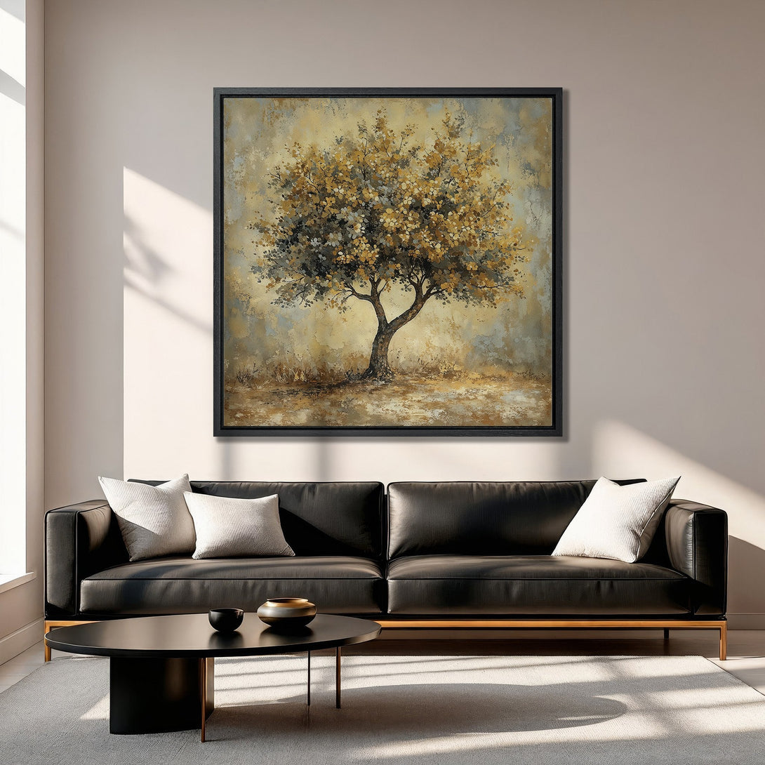Framed Wall Art featuring a serene tree painting in warm gold and brown tones. Perfect for adding a touch of nature and elegance to any space.