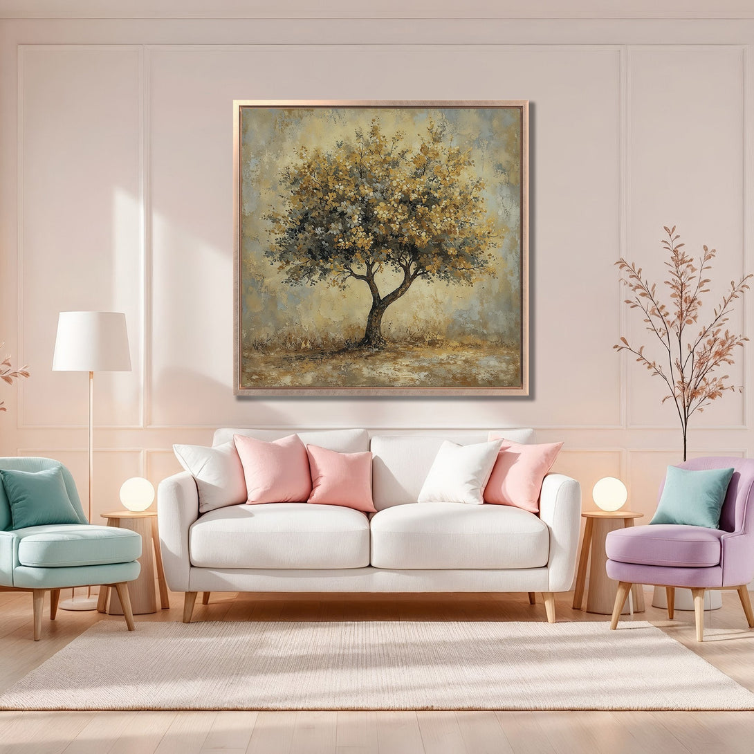 Framed Wall Art: Abstract tree painting in warm gold and beige tones. Perfect for adding a touch of nature and elegance to your living room.