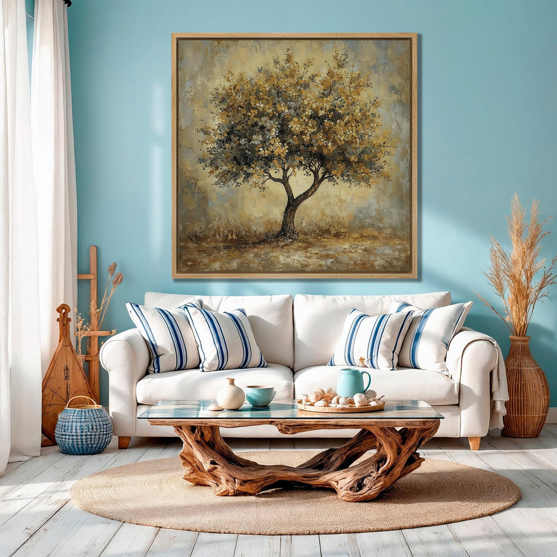Framed Wall Art: Abstract tree painting in warm gold and brown tones. Coastal living room decor with blue walls, creating a serene and stylish ambiance.