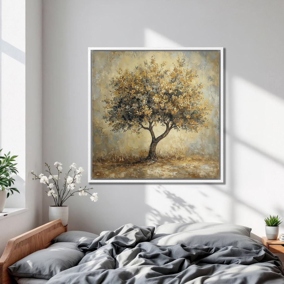 Framed Wall Art of a tree. Abstract, warm neutral color palette. Perfect for bedroom decor. Enhance your space with this beautiful canvas print.