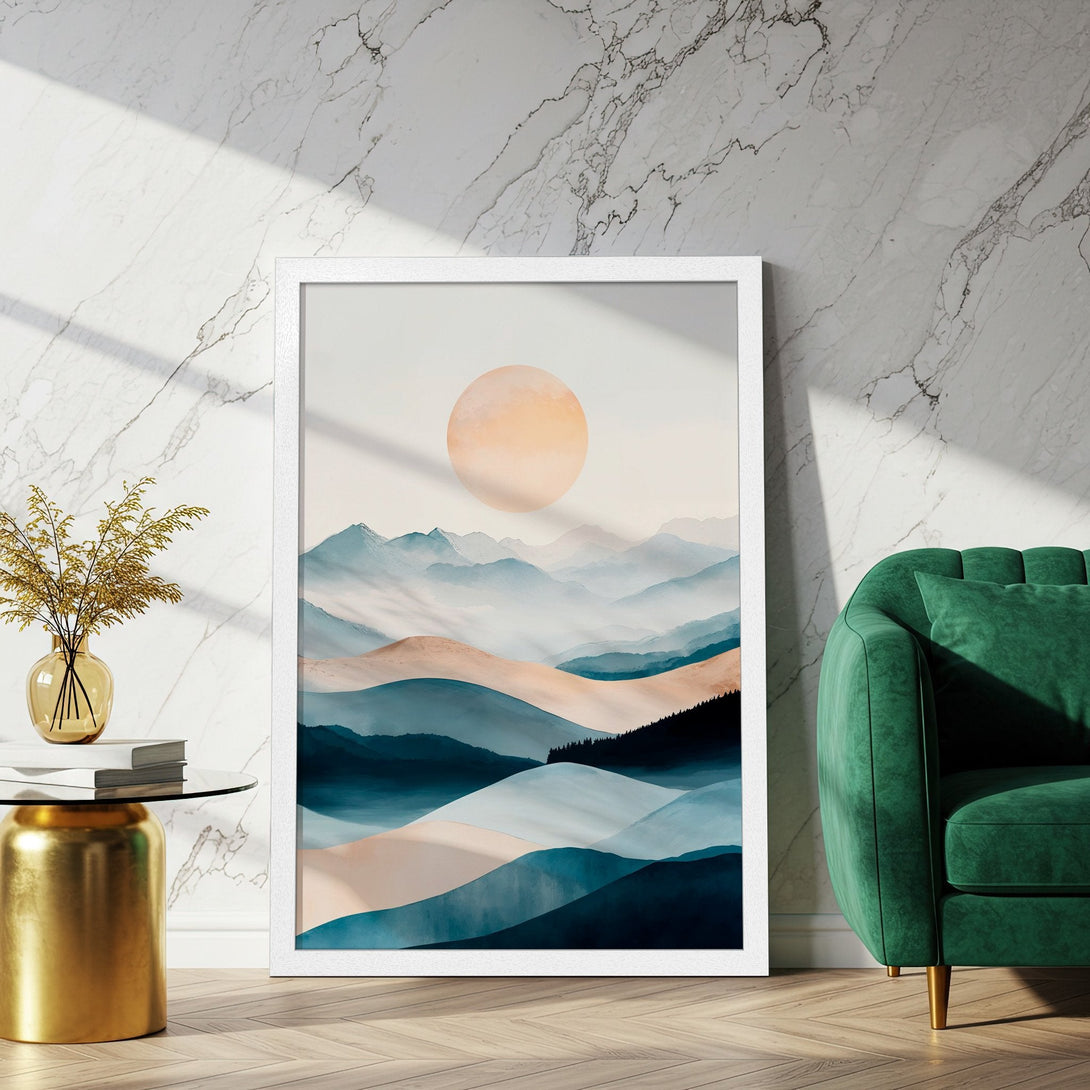Framed Poster featuring abstract mountain landscape art in teal, peach & blue. Modern decor for any space.
