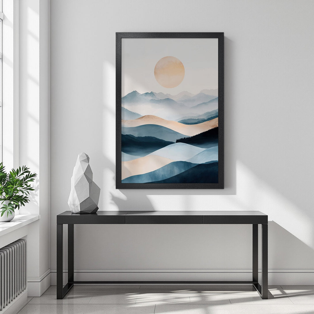 Framed Poster featuring a serene landscape in blue and beige tones. Modern art style, perfect for home decor. Shop now!