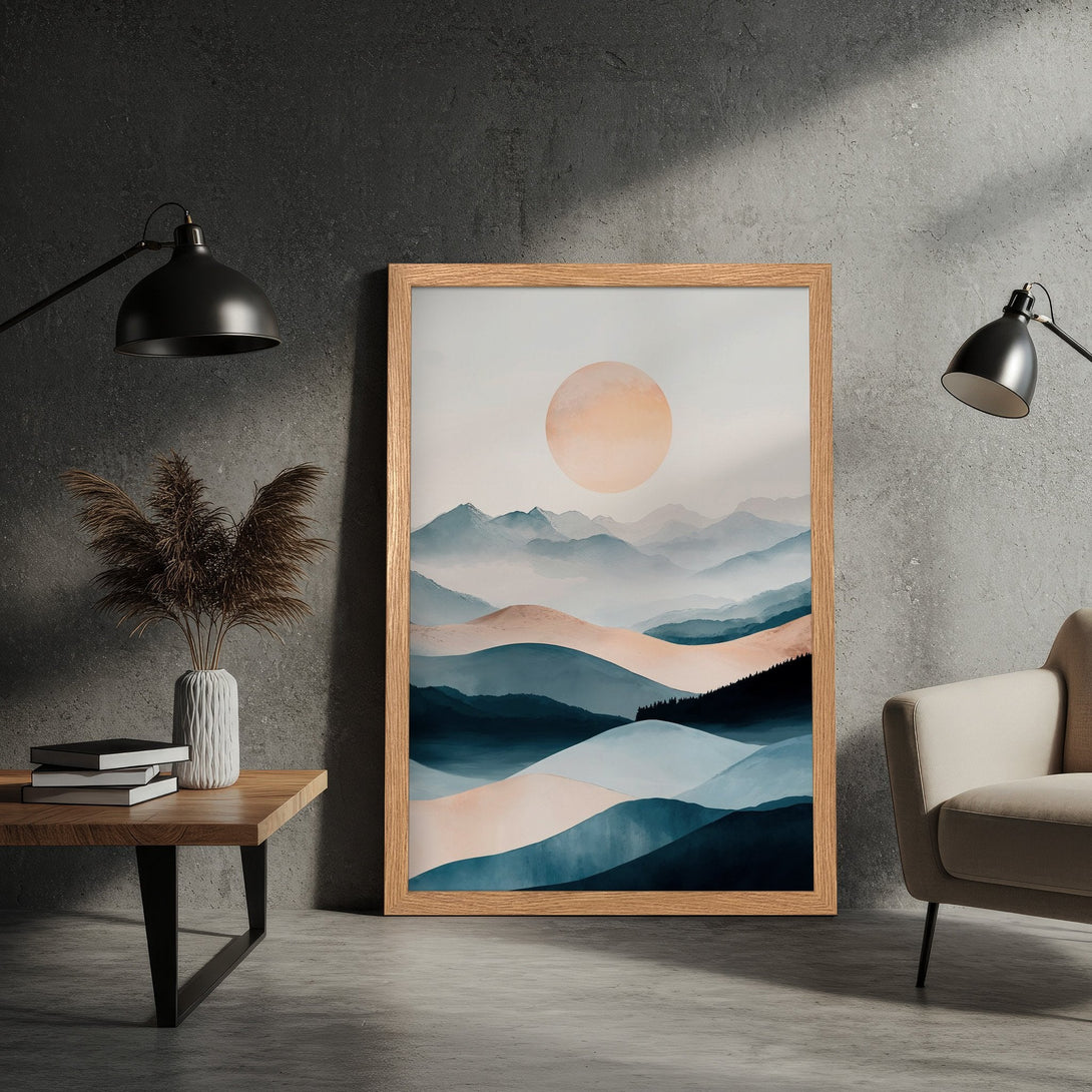 Framed Poster featuring a serene mountain landscape in a watercolor style with a calming blue and peach color palette. Perfect wall art!