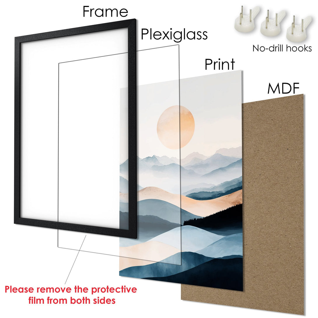 Framed Poster featuring a serene landscape art print in blue, beige, and orange tones. Perfect wall decor!