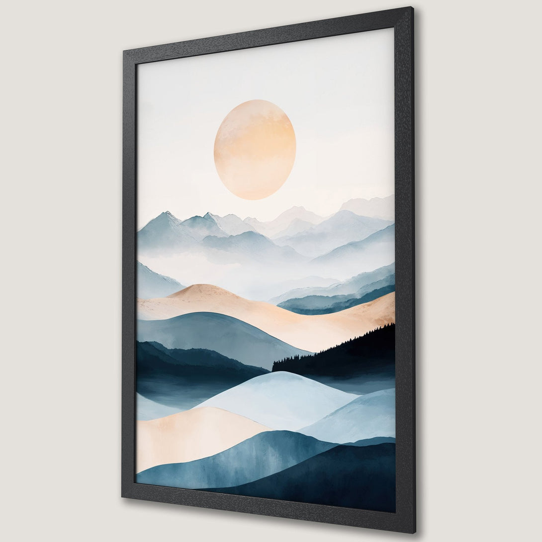 Framed Poster featuring a serene mountain landscape in a minimalist style with a calming blue and beige color palette. Perfect for home decor.