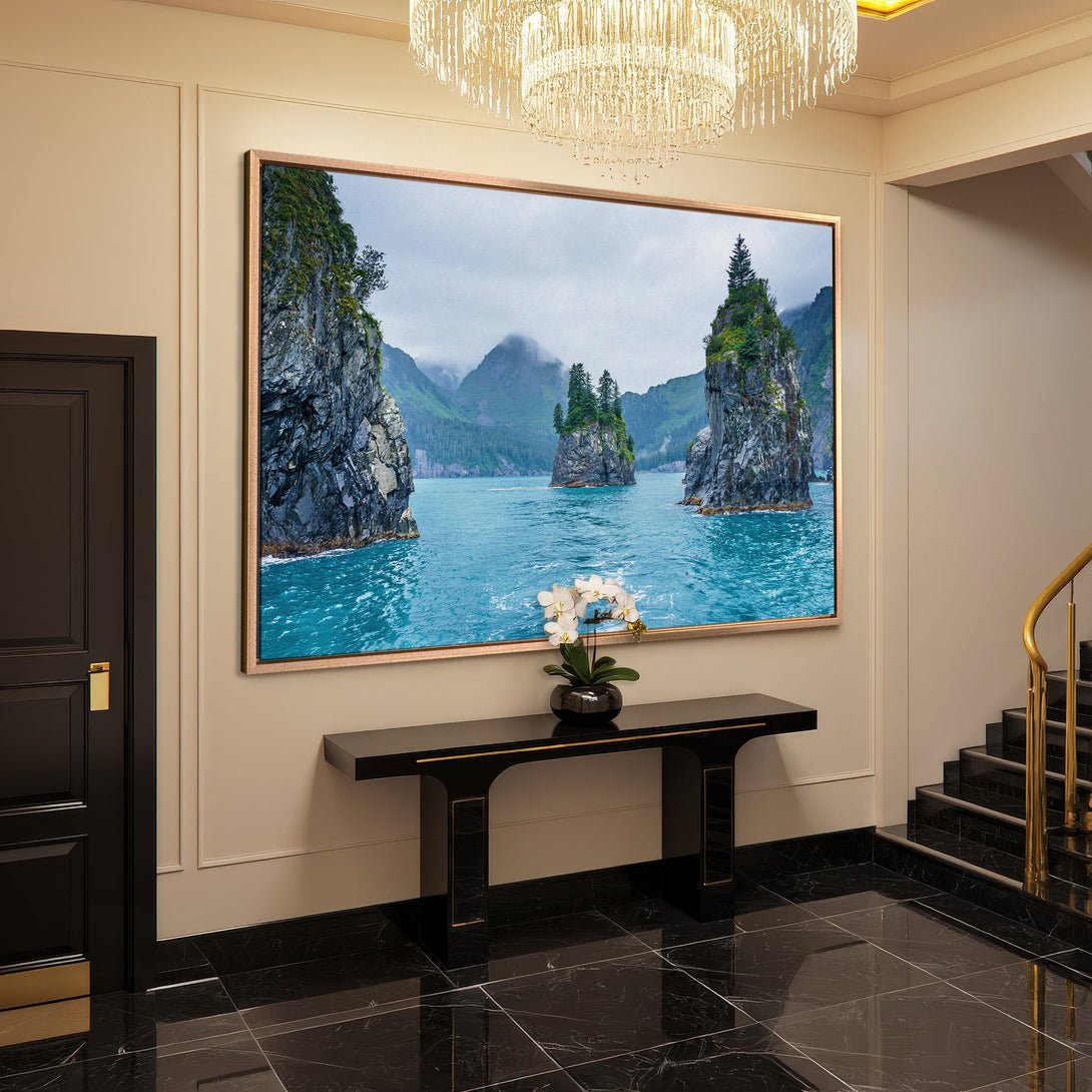 Framed Wall Art: Coastal landscape Canvas Print. Blue ocean and green mountains. Adds a serene touch to any home decor.