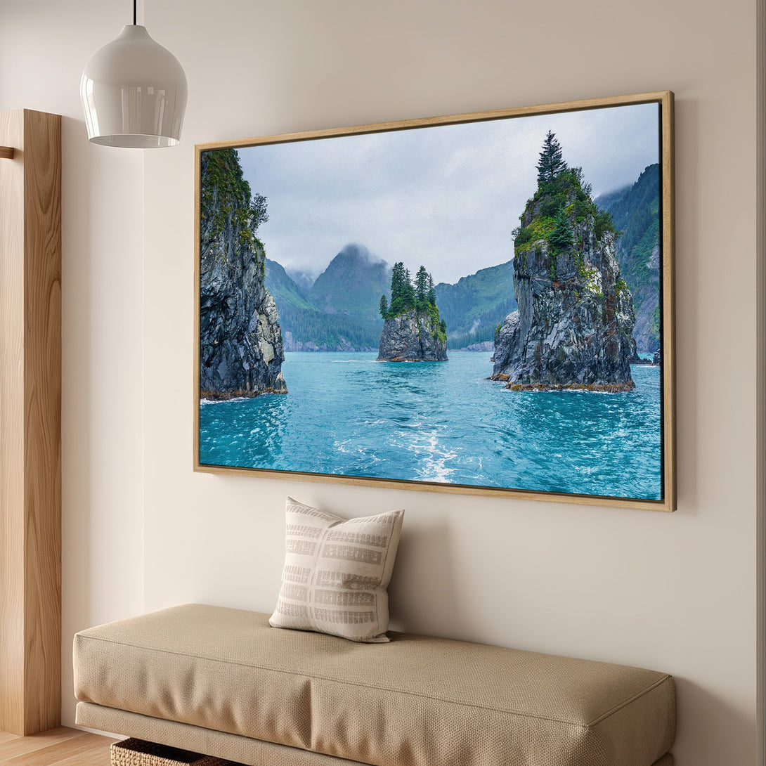 Framed Wall Art: Stunning seascape Canvas Print with turquoise water and rocky islands. Coastal decor in a serene blue and green palette. Elevate your space!