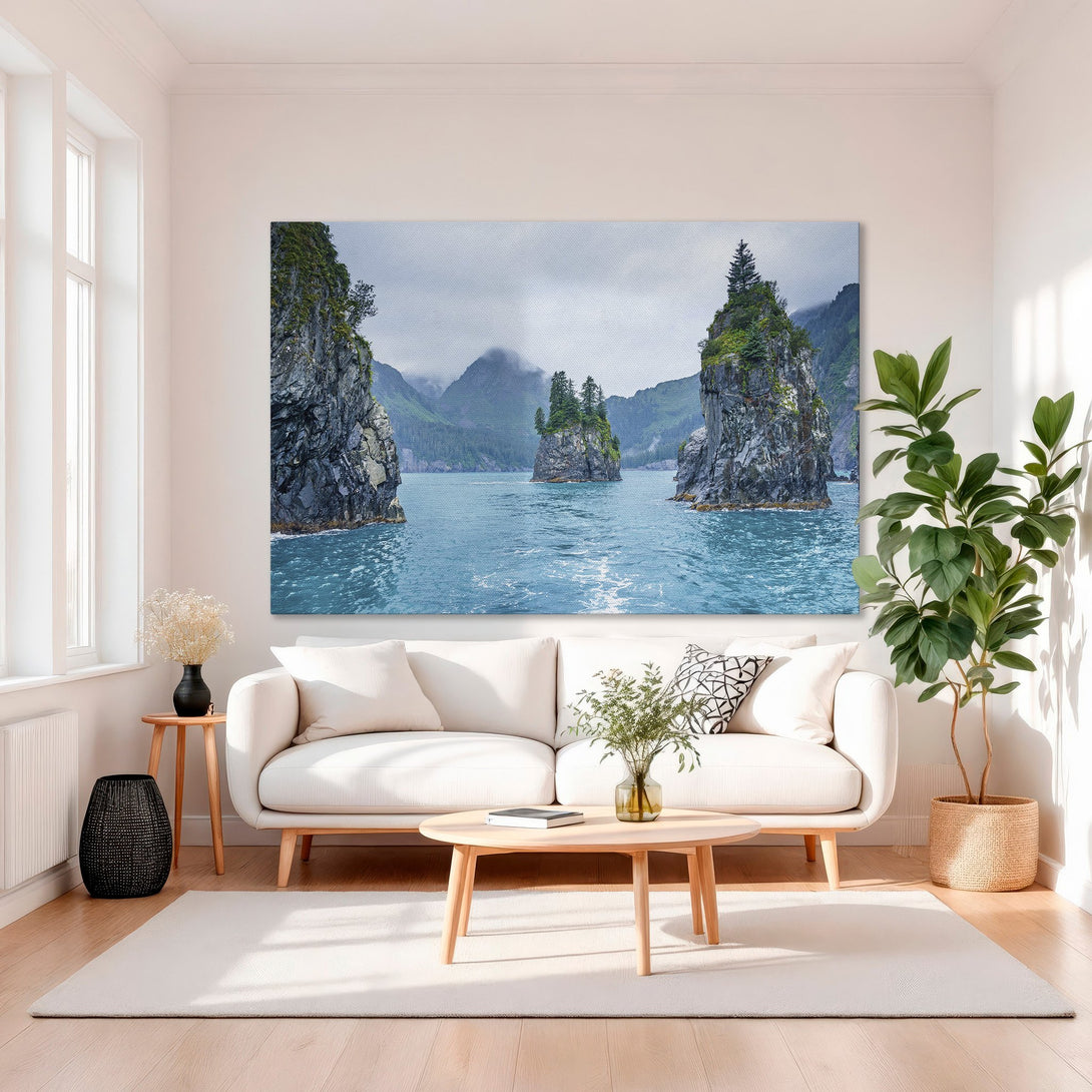 Framed Wall Art: Serene seascape canvas print with turquoise water, lush green islands, and a moody, natural color palette. Perfect for coastal decor.